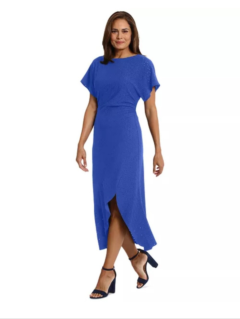 NWT London Times Blue Eyelet Midi Dress Ruffle Hem Sheath Size 8 MSRP $99